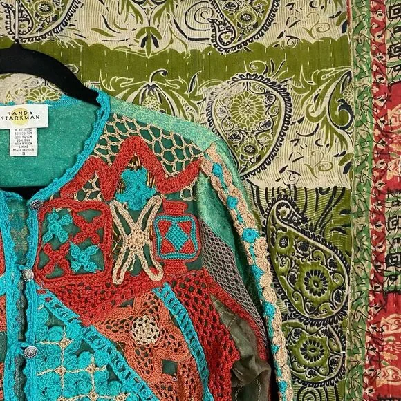 Rare Vintage Sandy Starkman Aqua Patchwork/ Embroidered Boho Cardigan Size Small - Picture 3 of 15